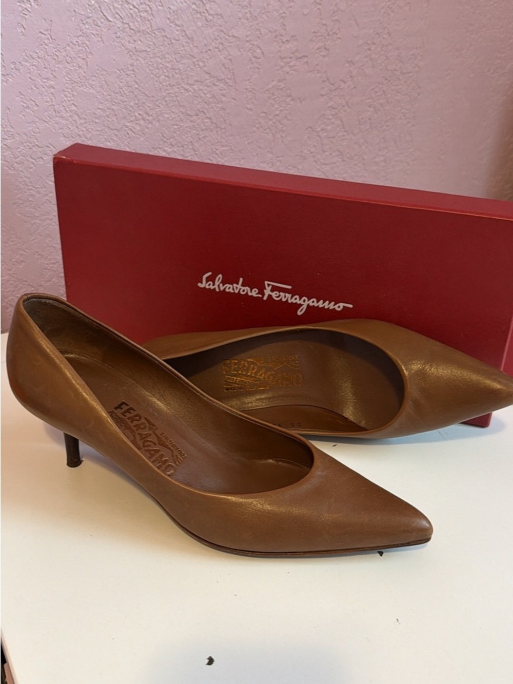 Salvatore Ferragamo Brown Leather Pointed-Toe Kitten Heel Pumps